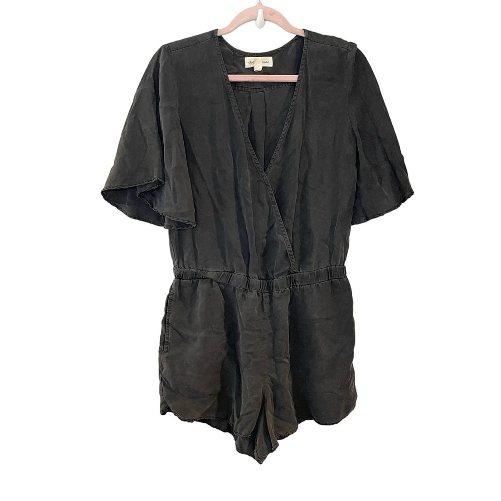 Cloth & Stone Romper Washed Black Tencel Flutter Sleeve V-Neck Anthropologie S